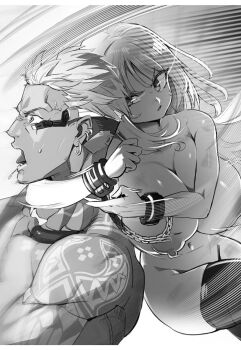 1boy 1girl alicia_(goetia_shock) blush breasts cuffs goetia_shock handcuffs highres huge_breasts long_hair monochrome nipples novel_illustration official_art ookuma_nekosuke oppai_loli piercing strangling sweat