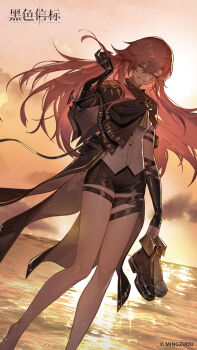 Rule 34 | 1girl, ^ ^, absurdres, backlighting, black beacon, black boots, black capelet, black coat, black shorts, boots, capelet, closed eyes, cloud, cloudy sky, coat, copyright name, copyright notice, dutch angle, ereshan (black beacon), grin, highres, holding, holding boots, holding footwear, holding unworn clothes, logo, long hair, mark under eye, ocean, official art, official wallpaper, orange sky, pink hair, shirt, short shorts, shorts, sky, smile, solo, standing, twilight, unworn boots, water, white shirt