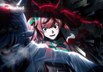 2girls absurdres animal_ears black_dress black_streaks bow bowtie brown_hair commentary_request diagonal-striped_bow diagonal-striped_bowtie diagonal-striped_clothes dress emphasis_lines empty_eyes evil_smile gameplay_ability gameplay_mechanics green_bow green_bowtie grey_hair grey_shirt highres horse_ears horse_girl manjo_(warito) motion_blur motion_lines multiple_girls nice_nature_(poinsettia_ribbon)_(umamusume) nice_nature_(umamusume) oguri_cap_(starlight_beat)_(umamusume) oguri_cap_(umamusume) open_mouth shirt smile solo_focus striped_bow striped_bowtie striped_clothes twintails umamusume white_shirt wide-eyed