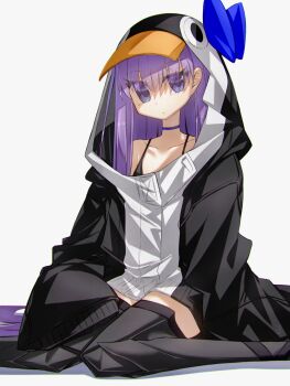 1girl animal_hood bare_shoulders bikini black_bikini black_jacket blue_bow blue_eyes blush bow breasts choker fate/grand_order fate_(series) highres hood hood_up jacket long_hair long_sleeves looking_at_viewer meltryllis meltryllis_(fate) meltryllis_(swimsuit_lancer)_(fate) meltryllis_(swimsuit_lancer)_(first_ascension)_(fate) penguin_hood prosthesis prosthetic_leg purple_hair sitting sleeves_past_fingers sleeves_past_wrists small_breasts solo swimsuit very_long_hair yubeshi_(zecxl)