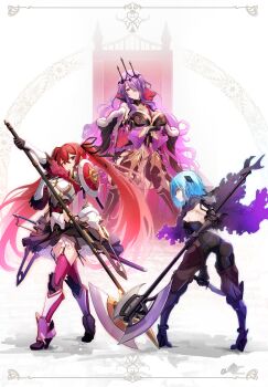 3girls absurdres alternate_costume armor ass asymmetrical_dual_wielding axe back battle_axe beruka_(fire_emblem) black_armor black_boots black_gloves black_headband black_panties black_skirt black_tiara blue_eyes blue_hair boots breasts camilla_(fire_emblem) camilla_(light_of_nohr)_(fire_emblem) cape capelet clear_glass_(mildmild1311) cleavage closed_mouth clothing_cutout commentary_request crown dual_wielding fire_emblem fire_emblem_fates fire_emblem_heroes from_behind full_body fur-trimmed_cape fur_trim garter_straps gloves hair_between_eyes hair_ornament hair_over_one_eye hair_ribbon headband highres hip_vent holding holding_axe holding_knife knee_boots knife large_breasts long_hair looking_at_viewer looking_back medium_breasts multiple_girls navel nintendo official_alternate_costume panties pants pelvic_curtain purple_capelet purple_eyes purple_hair red_eyes red_hair red_thighhighs ribbon see-through_clothes selena_(fire_emblem_fates) severa_(fire_emblem) short_hair side_cutout sideboob simple_background sitting sitting_on_throne skirt smile stomach thigh_boots thighhighs thighs throne tiara torn_capelet torn_clothes tunic twintails underwear very_long_hair wavy_hair weapon white_background zettai_ryouiki