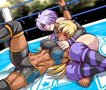 2girls highres multiple_girls muscular muscular_female navel one_eye_closed original tagme taroimo_(00120014) wince wrestler wrestling wrestling_outfit wrestling_ring
