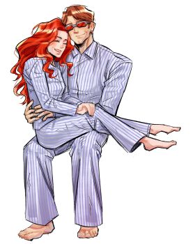 1boy 1girl brown_hair closed_eyes commentary couple cyclops_(x-men) full_body grin gum10_summers hetero highres jean_grey korean_commentary long_hair looking_at_another marvel orange_hair pajamas short_hair smile striped_clothes striped_pajamas x-men