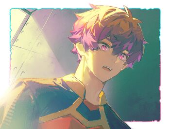 1boy alexis_ness bastard_munchen_soccer_uniform blue_lock border commentary english_commentary hair_between_eyes highres hueirin male_focus open_mouth outside_border purple_eyes purple_hair short_hair soccer_uniform solo sportswear sweat teeth white_border