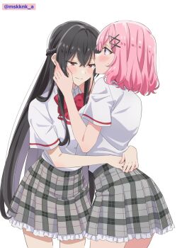 2girls amaori_renako ashigaya_high_school_uniform black_hair blush bow bowtie commentary_request grey_skirt hand_on_another&#039;s_waist hands_on_another&#039;s_face highres kaneko_misaki kiss kissing_forehead koto_satsuki long_hair medium_hair multiple_girls pink_hair plaid_clothes plaid_skirt pleated_skirt purple_eyes red_bow red_bowtie red_eyes school_uniform shirt simple_background skirt watashi_ga_koibito_ni_nareru_wake_naijan_murimuri! white_background white_shirt yuri
