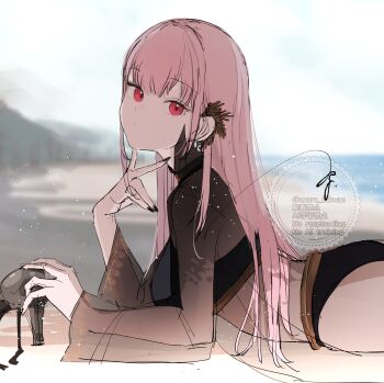 1girl absurdres beach bikini black_bikini black_nails blurry blurry_background high_heels highres hololive hololive_english long_hair looking_at_viewer lying mori_calliope mori_calliope_(holonatsu_paradise) ogura_tubuan on_stomach pink_hair red_eyes see-through_clothes see-through_sleeves shoes sketch solo swimsuit twitter_username unworn_shoes virtual_youtuber watermark