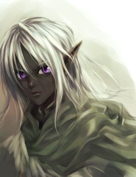 1boy dark_elf dark_skin drizzt_do&#039;urden drow elf pointy_ears purple_eyes white_hair