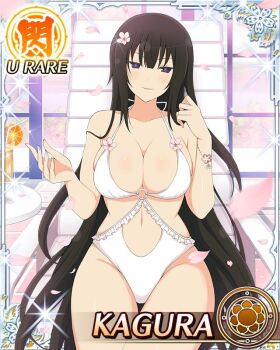 Rule 34 | 1girl, arms up, beach chair, black eyes, black hair, blue pupils, border, breasts, card (medium), character name, cleavage, clothing cutout, cup, day, drinking glass, falling petals, flower, flower-shaped pupils, game cg, hair flower, hair ornament, kagura (senran kagura), large breasts, long hair, looking at viewer, navel, navel cutout, o-ring, o-ring swimsuit, official art, one-piece swimsuit, parted lips, petals, pink petals, senran kagura, senran kagura new wave, sitting, smile, solo, swimsuit, symbol-shaped pupils, table, third-party source, very long hair, white one-piece swimsuit
