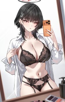 1girl absurdres armpits black_bra black_garter_belt black_hair black_halo black_panties blue_archive bow_garter_belt bra breasts buttons container ear_piercing fingernails garter_belt hair_ornament hairclip halo highres lace lace-trimmed_bra lace_trim large_breasts lingerie long_fingernails long_sleeves looking_at_phone makeup mirror narrow_waist navel oversized_clothes panties phone piercing red_eyes ribbon-trimmed_bra ribbon_trim rio_(blue_archive) shigure_s solo stomach taking_picture thighs underwear undressing white_sleeves wolf_cut