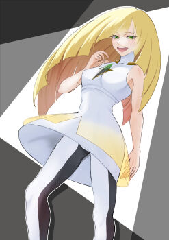 Rule 34 | 1girl, :d, arm at side, blonde hair, breasts, commentary request, dress, eyelashes, gem, green eyes, green gemstone, hand up, happy, highres, kikyouta, leggings, long hair, lusamine (pokemon), nintendo, open mouth, pokemon, pokemon sm, sleeveless, sleeveless dress, smile, solo, teeth, tongue, upper teeth only, white dress, white leggings