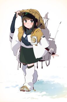 Rule 34 | 1girl, absurdres, adjusting clothes, adjusting headwear, alternate costume, animal ears, arm warmers, black sailor collar, black scarf, black skirt, blue neckerchief, brown hair, coat, commentary request, fubuki (kancolle), fubuki kai ni (kancolle), full body, green eyes, grey shoes, hat, highres, kantai collection, lamp, leg warmers, looking at viewer, low ponytail, ma rukan, medium hair, neckerchief, open clothes, open coat, ponytail, rigging, sailor collar, scarf, ship turret, shirt, shoes, sidelocks, signature, simple background, skirt, snow, solo, straw hat, white background, white shirt, winter clothes, winter coat