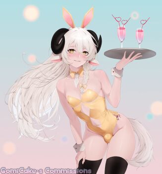 1boy animal_ears artist_name blush braid bulge clothing_cutout commentary commission cup drinking_glass drinking_straw fake_animal_ears gomicake holding holding_tray horns leotard long_sleeves navel navel_cutout original sheep_boy sheep_horns solo strapless strapless_leotard thighhighs trap tray waiter white_hair wrist_cuffs yellow_leotard