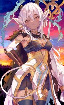 1girl animal_ears armpits black_cape black_horns black_shorts blue_thighhighs blush breasts broken_horn cape cleavage cow_ears cow_girl cow_horns cow_tail dark-skinned_female dark_skin fingerless_gloves fire_emblem fire_emblem_heroes fuussu_(21-kazin) gloves gold_choker hand_on_own_hip highres holding holding_staff horns long_hair looking_at_viewer medium_breasts meliai_(fire_emblem) nintendo outdoors parted_lips shorts skindentation sky solo staff sunset tail thighhighs thighs torn_cape torn_clothes very_long_hair white_gloves white_hair yellow_eyes