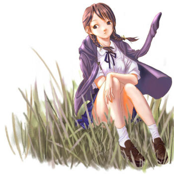 Rule 34 | 1girl, archived source, bad link, black ribbon, blue sky, braid, brown hair, brown shoes, closed mouth, collared shirt, cross-laced shoes, expressionless, grass, hair ribbon, hood, hood down, hooded jacket, jacket, jacket on shoulders, kim soo-min (image part), long sleeves, looking to the side, low twin braids, miniskirt, nostrils, original, pleated skirt, purple hood, purple jacket, purple sleeves, ribbon, round collar, shirt, shirt tucked in, shoes, short sleeves, simple background, sitting, skirt, sky, sleeve cuffs, solo, tall grass, toggles, twin braids, white background, white shirt, white sleeves, yellow ribbon