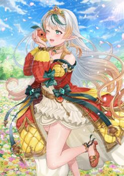 1girl bare_shoulders blonde_hair blue_sky boobplate bow breastplate brown_shoes cloud cloudy_sky coat colored_tips commentary_request commission dress earrings field flower flower_field green_bow green_eyes highres indie_virtual_youtuber jewelry kemurikemu legs long_hair long_sleeves looking_at_viewer multicolored_hair off_shoulder one_eye_closed open_clothes open_coat open_mouth orange_coat pink_flower pointy_ears sample_watermark shoes sky solo sun tiara too_many_watermarks urushimori_hasu_(vtuber) virtual_youtuber watermark white_dress white_flower white_hair yellow_coat yellow_flower