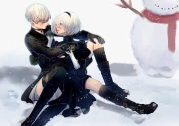 Rule 34 | 1boy, 1girl, 2b (nier:automata), 9s (nier:automata), black boots, black choker, black dress, black gloves, black hairband, black jacket, black shorts, blue eyes, blush, boots, choker, cleavage cutout, clothing cutout, commentary, couple, december, dress, english commentary, feather-trimmed sleeves, gloves, grey hair, hair between eyes, hairband, hand on another's arm, hetero, jacket, juliet sleeves, knees up, lipgloss, long sleeves, looking at another, mitsuki nite, mole, mole under mouth, nier:automata, nier (series), parted lips, pink lips, puffy sleeves, red scarf, scarf, short hair, shorts, sitting, snow, snowman, sweater, thigh boots, thighhighs, thighhighs under boots, turtleneck, turtleneck sweater