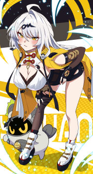 1girl absurdres ahoge bangboo_(zenless_zone_zero) belion_(zenless_zone_zero) black_gloves black_shorts black_thighhighs breasts character_name fingerless_gloves full_body gloves hand_on_own_knee highres jacket large_breasts long_hair looking_at_viewer parted_bangs platform_shoes shirt shoes shorts single_hair_intake single_thighhigh solo thighhighs white_hair white_shirt white_shoes yamada_otonari yellow_eyes yellow_jacket yin_yang_pin yixuan_(zenless_zone_zero) zenless_zone_zero