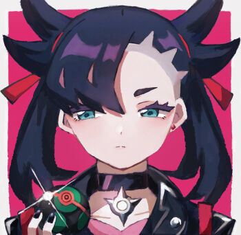 1girl :&lt; asymmetrical_bangs asymmetrical_hair black_choker black_jacket black_nails blue_eyes choker commentary_request dusk_ball earrings facing_viewer holding holding_poke_ball jacket jewelry looking_to_the_side marnie_(pokemon) nintendo pink_background poke_ball pokemon pokemon_swsh red_ribbon ribbon short_eyebrows single_earring solo stud_earrings twintails undercut user_rvny3882