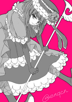 1girl black_hat bob_cut capelet commentary_request dress elbow_gloves enoki-kou eva_beatrice flower frilled_capelet frilled_dress frills gloves hat highres holding holding_staff light_smile looking_at_viewer partially_colored pink_background rose shoes solo staff twitter_username umineko_no_naku_koro_ni