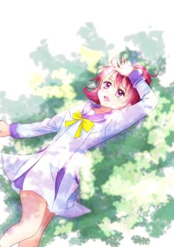 1girl aida_mana arm_up bow bowtie commentary dappled_sunlight day dokidoki!_precure dress hand_on_own_head highres long_sleeves looking_to_the_side lying manekineko5319 medium_dress on_back on_ground one_side_up oogai_daiichi_middle_school_uniform open_mouth outdoors pink_eyes pink_hair precure purple_sailor_collar sailor_collar school_uniform smile solo sunlight white_dress yellow_bow yellow_bowtie