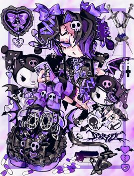 1girl amatou_akuma bat_wings black_hair black_nails black_shoes black_straps black_tail black_thigh_strap black_thighhighs bow bracelet brooch chain character_backpack character_doll choker collar colored_shoe_soles cross cross_print crying crying_with_eyes_open demon demon_girl demon_tail demon_wings detached_sleeves doll ear_bow ear_piercing eyepatch eyeshadow female_focus frilled_bow frilled_shoes frilled_skirt frilled_sleeves frills full_body goth_fashion gothic_lolita hair_ornament hair_over_one_eye hairclip headphones heart heart_brooch heart_collar heart_eyepatch heart_ornament highres holding holding_phone holding_stuffed_toy jacket jewelry kuromi lace lace-trimmed_shoes lace-trimmed_sleeves lace_trim leg_strap lolita_fashion looking_at_viewer makeup mini_wings multicolored_hair nail_(hardware) nail_polish original parted_lips pentagram phone piercing pill pink_skirt platform_shoes pointy_tail purple_background purple_bow purple_buckle purple_eyes purple_hair purple_ribbon purple_shirt purple_sleeves purple_straps purple_theme purple_thighhighs purple_wings ribbon ring safety_pin sanrio scar shirt shoes short_sleeves sitting skirt skull skull_hair_ornament skull_print skull_ring solo spiked_bracelet spikes stitched_face stitched_leg stitched_thigh stitches strap streaked_hair striped_clothes striped_thighhighs stuffed_animal stuffed_rabbit stuffed_toy syringe tail tail_ornament tears thigh_strap thighhighs two-tone_hair winged_shoes wings