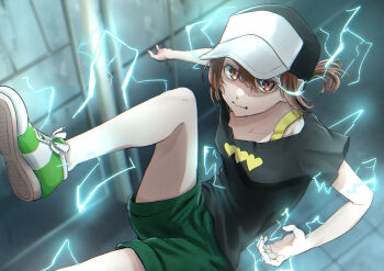 1girl aic_oekaki baseball_cap black_shirt blurry blurry_background brown_eyes brown_hair casual clenched_teeth commentary_request electricity electrokinesis glowing green_shorts hat heart heart_print highres low_ponytail magnetism misaka_mikoto ponytail psychic science_fiction shirt shoes short_hair short_shorts short_sleeves shorts sneakers solo teeth toaru_kagaku_no_railgun toaru_kagaku_no_railgun_s toaru_majutsu_no_index