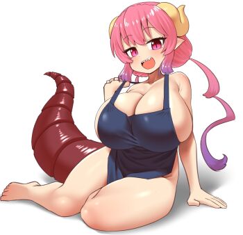 1girl :d apron arm_support barefoot blue_apron breasts cleavage commentary curled_horns dragon_girl dragon_horns dragon_tail full_body gradient_hair highres horns huge_breasts ilulu_(maidragon) kobayashi-san_chi_no_maidragon long_hair looking_at_viewer multicolored_hair naked_apron open_mouth oppai_loli pero_(pero7762) pink_hair pointy_ears purple_eyes purple_hair red_eyes red_tail sharp_teeth shortstack simple_background sitting slit_pupils smile solo strap_pull tail teeth thighs twintails upper_teeth_only white_background yellow_horns yokozuwari
