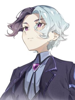 1boy amethio_(pokemon) black_jacket bright_pupils closed_mouth collared_shirt copituji eyelashes grey_shirt highres jacket male_focus multicolored_hair nintendo open_clothes open_jacket pokemon pokemon_(anime) pokemon_horizons purple_eyes shirt short_hair simple_background solo upper_body vest white_background