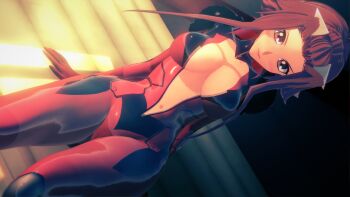 1girl 3d arm_support artist_request biker_clothes bikesuit blush bodysuit breasts brown_eyes cleavage curvy gloves highres izayoi_aki large_breasts long_hair looking_at_viewer navel no_bra open_bodysuit open_clothes open_mouth red_hair shiny_clothes shiny_skin sideboob sitting smile solo thighs yu-gi-oh! yu-gi-oh!_5d&#039;s zipper