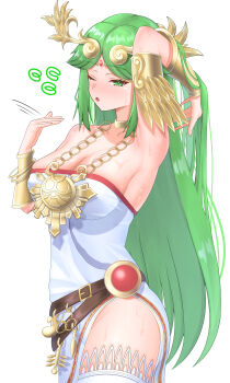 1girl absurdres ancient_greek_clothes arm_up armlet armpits bare_shoulders belt blush breasts brown_belt chain circlet cleavage collarbone dress fanning_self forehead_jewel gold_chain gold_choker greco-roman_clothes green_eyes green_hair highres jewelry kid_icarus kid_icarus_uprising large_breasts laurel_crown long_hair meipasuye neck_ring nintendo one_eye_closed palutena parted_lips solo sweat thighhighs tiara very_long_hair white_dress white_thighhighs