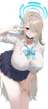 1girl asuna_(blue_archive) asuna_(school_uniform)_(blue_archive) asymmetrical_bangs black_hair blue_archive blue_bow blue_bowtie blue_halo blue_nails blue_ribbon bow bowtie breasts button_gap choker commentary_request hair_over_one_eye halo hand_on_own_thigh highres large_breasts leaning_forward loose_bowtie mosaic0614 official_alternate_costume ribbon school_uniform sleeves_rolled_up smile solo v v_over_eye