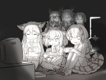 6+girls :3 =_= absurdres ahoge animal_ears behind_another blue_dragon_(kemono_friends) blurry blurry_background boa_constrictor_(kemono_friends) bow bowtie braid chibi chibi_only commentary commentary_request constricted_pupils controller crt door dragon_ears dragon_girl dragon_tail ezo_red_fox_(kemono_friends) fangs fingerless_gloves fishnet_gloves fishnet_pantyhose fishnets fox_ears fox_girl fox_tail game_console game_controller gloves greyscale hair_between_eyes highres holding holding_controller holding_game_controller horns indoors jacket kemono_friends kemono_friends_3 long_hair looking_at_another looking_at_object miniskirt monochrome multicolored_hair multiple_girls necktie onefiresticks open_door open_mouth pantyhose playing_games pleated_skirt raised_inner_eyebrows shirt side-by-side silver_fox_(kemono_friends) single_braid sitting skirt smile snake_tail symbol-only_commentary tail television titanoboa_(kemono_friends) two-tone_hair v-shaped_eyebrows white_dragon_(kemono_friends)