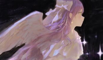 1girl absurdres bliss_htt bow closed_mouth dark_background dress ear_piercing earrings feathered_wings from_side hair_bow highres hololive jewelry long_hair looking_to_the_side off-shoulder_dress off_shoulder piercing profile purple_hair smile solo star_(symbol) star_earrings tokoyami_towa upper_body virtual_youtuber white_bow white_dress white_wings wings yellow_eyes