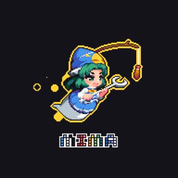 1girl :d animated animated_gif black_background blue_dress blue_hat blush bow bowtie carrot_on_stick character_name chibi commentary_request dress floating_hair food full_body ghost_tail green_eyes green_hair hat highres holding holding_wrench looping_animation medium_hair mima_(touhou) open_mouth parted_bangs pixel_art rainbow_order rainbow_outline rainbow_text shrimp shrimp_tempura simple_background smile solo tempura tonchamon_san touhou touhou_(pc-98) wizard_hat wrench yellow_bow yellow_bowtie