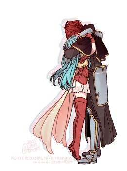 Rule 34 | 1boy, 1girl, 2025, aqua hair, armor, armored boots, black capelet, black shirt, boots, breastplate, cape, capelet, commentary request, couple, eirika (fire emblem), fire emblem, fire emblem: the sacred stones, from side, full body, gloves, grey armor, grey boots, height difference, hetero, highres, hug, long hair, long sleeves, miniskirt, nintendo, red boots, red gloves, red hair, red shirt, sayu030b, seth (fire emblem), shadow, shirt, short hair, short sleeves, shoulder armor, simple background, skirt, thigh boots, thighhighs, tiptoes, twitter username, watermark, white background, white skirt, yellow armor, yellow cape, zettai ryouiki