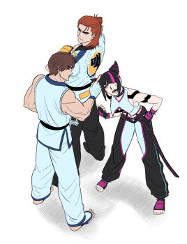1girl absurdres akvnjs3tzulylpi anklet baggy_pants black_hair bracelet breasts brown_hair collar crossover diagonal_bangs dobok dougi fatal_fury fingerless_gloves gloves hair_horns han_juri highres hwoarang_(tekken) jewelry kim_kaphwan martial_arts_belt multiple_boys muscular open_mouth orange_hair pants short_hair snk spiked_anklet spiked_bracelet spiked_collar spikes street_fighter taekwondo tekken the_king_of_fighters toeless_legwear