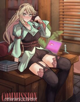 1girl absurdres black_gloves black_shorts black_thighhighs blush bob_cut book book_stack bookshelf braid breasts closed_mouth commentary commission computer covered_groin crown_braid desk eiyuu_densetsu elaine_auclair embarrassed english_commentary english_text ezekquel floating_hair garter_straps gloves green_eyes hair_between_eyes half_gloves highres indoors kuro_no_kiseki kuro_no_kiseki_(series) kuro_no_kiseki_ii lace lace-trimmed_thighhighs lace_trim laptop large_breasts light_frown long_hair looking_at_viewer on_desk parted_bangs shorts single_braid sitting small_sweatdrop solo sword thighhighs upper_body weapon window_shutter wispy_bangs
