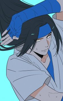 Rule 34 | 1boy, aqua background, arm over head, bandaged hand, bandages, black hair, blue headband, blue shirt, closed mouth, headband, highres, hyuuga neji, long hair, m0 mo momo, male focus, naruto (series), naruto shippuuden, no pupils, parted bangs, shirt, short sleeves, solo, sweat, upper body, white eyes, white shirt