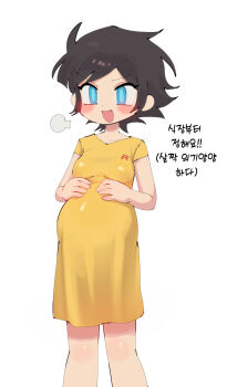 1girl :d batrobin_k black_hair blue_eyes blush_stickers breasts commentary_request dress fang genderswap genderswap_(mtf) highres korean_commentary korean_text medium_breasts open_mouth original pregnant robin_(batrobin_k) short_hair simple_background smile translation_request white_background yellow_dress