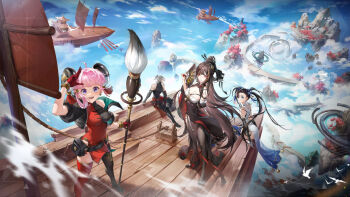 1boy 3girls ahoge artist_request asymmetrical_legwear back bare_shoulders black_hair blue_eyes blue_sky breasts bridge brown_hair brush chinese_clothes day detached_sleeves floating_hair floating_ship gloves grey_hair hand_fan ji_yu_(tower_of_fantasy) large_breasts liu_huo_(tower_of_fantasy) long_hair looking_at_viewer looking_back mountain multiple_girls muscular muscular_male official_art open_mouth oversized_object pantyhose pink_hair purple_eyes red_eyes red_gloves red_thighhighs rock rope scenery ship sky smile thighhighs tower_of_fantasy watercraft yu_lan_(tower_of_fantasy) zeke_(tower_of_fantasy)