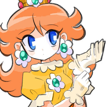 Rule 34 | 1girl, blue eyes, brown hair, commentary, crown, dress, earrings, flower earrings, gloves, highres, jewelry, long hair, mario (series), nintendo, orange dress, princess daisy, puffy short sleeves, puffy sleeves, rakugaki shitagari-ya, short sleeves, simple background, untranslatable commentary, white background, white gloves