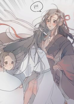 ! !! 1girl 2boys accidental_pervert aged_down ahoge amana_raika between_breasts black_coat black_hair black_hanfu blue_sash blush breasts brown_eyes brown_hair child chinese_clothes coat emphasis_lines face_between_breasts face_to_breasts genderswap genderswap_(mtf) hair_down hair_ribbon half_updo hanfu head_between_breasts headband hetero highres lan_sizhui lan_sizhui_(young) lan_wangji long_hair long_sleeves looking_at_another medium_breasts modao_zushi multiple_boys off_shoulder official_alternate_costume official_alternate_hairstyle open_clothes open_coat parted_lips red_ribbon red_sash ribbon robe sash sidelocks speech_bubble spoken_exclamation_mark topknot twitter_username watermark wei_wuxian wei_wuxian_(yiling_laozu) white_hanfu white_headband wide_sleeves