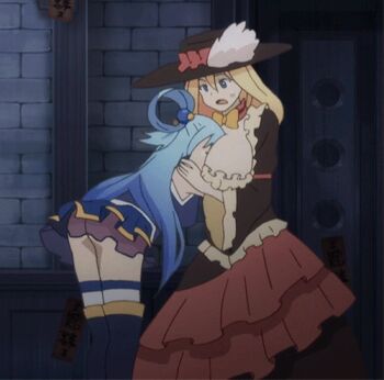 10s 2girls animated animated_gif aqua_(konosuba) ass between_breasts blonde_hair blue_eyes blue_hair boots breasts bursting_breasts darkness_(konosuba) dress hat head_between_breasts huge_breasts kono_subarashii_sekai_ni_shukufuku_wo! long_hair looping_animation lowres multiple_girls open_mouth thigh_boots thighhighs