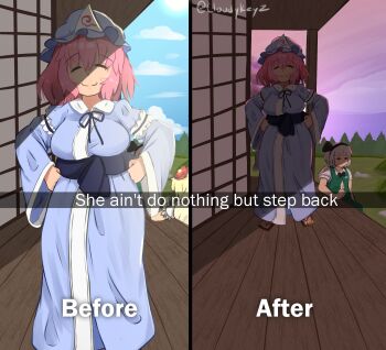 2girls ^_^ artist_name before_and_after black_bow black_bowtie black_hairband blue_sky blunt_bangs bow bowtie c: closed_eyes cloud cloudykeyz commentary dress dusk english_text forest full_body green_dress grey_hair hairband hands_on_own_hips hat highres japanese_clothes kimono konpaku_youmu mob_cap multiple_girls nature niwatari_kutaka photo-referenced pink_hair puffy_short_sleeves puffy_sleeves purple_sky saigyouji_yuyuko short_hair short_sleeves shouji sitting sky sliding_doors smile standing symbol-only_commentary touhou tree triangular_headpiece twitter_username veranda wide_sleeves