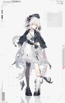 Rule 34 | 1girl, animal skull, artist name, black gloves, black shoes, cape, chinese text, clipboard, closed mouth, commentary, copyright notice, deer skull, dress, flat chest, full body, gloves, hair between eyes, hair ornament, hashtag-only commentary, hat, highres, id card, jacket, jewelry, limited palette, long hair, multicolored hair, open clothes, open jacket, original, pink hair, ribbon, sad, shoes, single thighhigh, skull, skull ornament, sleeveless, solo, standing, strap, thighhighs, toriki, untranslatable commentary, very long hair, white background, white dress, white hair, yellow eyes