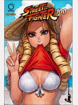 1girl arm_behind_head artist_name beach bikini blonde_hair blue_sky border breasts brown_eyes capcom cleavage clothes_lift commentary commentary_request copyright_name drill_hair floral_print floral_print_bikini hat kanzuki_karin large_breasts long_hair looking_at_viewer navel omar_dogan presenting_own_breasts print_bikini protected_link red_shirt scan shirt signature sky street_fighter swimsuit t-shirt traditional_media udon_entertainment v white_bikini