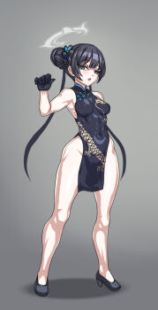 1girl :o arm_behind_back bare_legs bare_shoulders black_dress black_gloves black_hair black_shoes blue_archive braid braided_base breasts breasts_apart bug bun_with_braided_base butterfly butterfly_hair_ornament china_dress chinese_clothes clenched_hand contrapposto covered_erect_nipples covered_navel dragon_print dress empty_eyes full_body gloves grey_background grey_eyes groin hair_bun hair_ornament halo hand_up high_heels highleg insect kisaki_(blue_archive) legs_apart light_blush linea_alba long_hair looking_at_viewer low_twintails narrowed_eyes ningyoushi open_mouth pelvic_curtain print_clothes shadow shoes sidelocks simple_background single_hair_bun single_side_bun sleeveless sleeveless_dress small_breasts solo standing swept_bangs thick_eyelashes tight_clothes tight_dress twintails variant_set very_long_hair white_halo