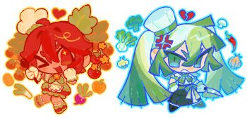 >:( >_o 2girls ahoge alternate_costume alternate_hairstyle anger_vein angry apron beetroot bell_pepper black_boots black_skirt bok_choy boots broccoli broken_heart brooch chef_hat chibi chibi_only chili_pepper dress flower_brooch food frilled_dress frilled_gloves frills froflossy garlic gloves gradient_hair green_eyes green_hair green_neckerchief green_ribbon hair_as_food happy hat hatsune_miku heart highres holding holding_knife holding_spoon jewelry kasane_teto knife long_hair long_skirt looking_at_viewer mini_chef_hat mini_hat multicolored_hair multiple_girls mushroom neckerchief one_eye_closed onion open_mouth polar_opposites potato red_dress red_eyes red_hair ribbon shirt short_eyebrows skirt sleeve_cuffs smile spoon tan tomato tomato_plant twintails utau v-shaped_eyebrows vegetable very_long_hair vocaloid waist_apron waist_ribbon white_apron white_background white_gloves white_shirt