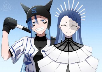 2girls ado_(utaite) baseball_bat black_gloves blue_background blue_eyes blue_hair braid braided_bangs clenched_teeth commentary_request gira-gira-chan_(ado) gira_gira gloves highres holding holding_baseball_bat merry_(ado) multiple_girls nori_(norinori_yrl) readymade_(ado) smile teeth upper_body white_background