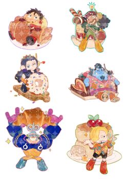 1girl 5boys bag black_hair blonde_hair blue_eyes blue_hair blue_skin bodysuit boots buzz_cut cigarette colored_skin commentary_request croissant curly_eyebrows donut eating eyelashes facial_hair food franky_(one_piece) goatee headphones highres jinbe_(one_piece) long_nose monkey_d._luffy multiple_boys mustache nico_robin one_eye_closed one_piece pancake sanji_(one_piece) sash satchel scar scar_on_face short_hair simple_background siyangou49 smile sparkle usopp very_short_hair white_background yule_log_(cake)